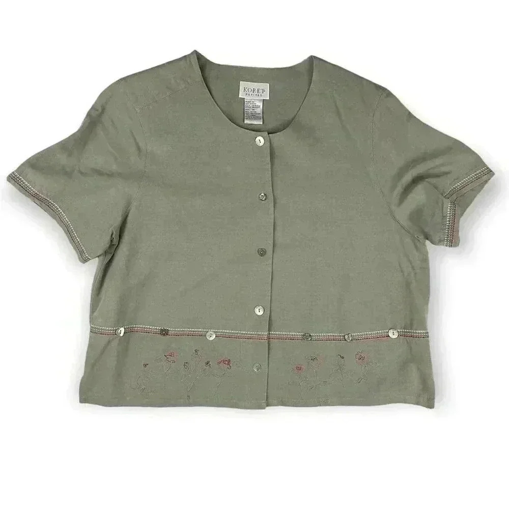 VTG Koret Petites Women's Gray Green Top Sz‎ 14 Embroidered Buttons